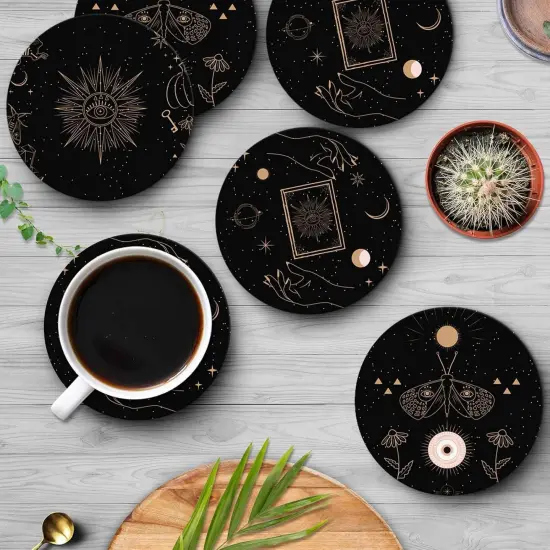 Table Coaster for Drinks Set of 6, Cute Black Mystical Skulls Animals {4}