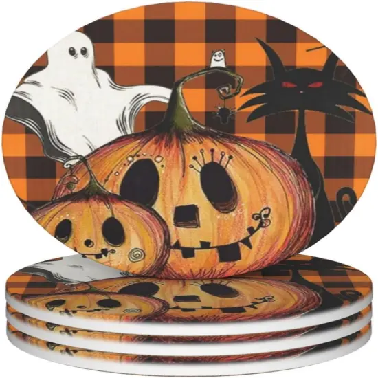 Halloween Pumpkins Orange Check Coasters, Set of 4 for Coffee Table Cup Bar {1}