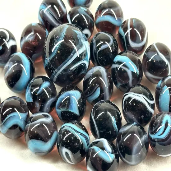 25 Glass Marbles ASTRONAUT Purple/Blue game vtg style Shooter Taws Mib Swirl {1}