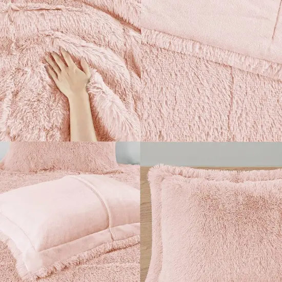 Pink Blush Shaggy Faux Fur Comforter Set Soft Plush Reversible Bedding with Down Alternative Fill {6}