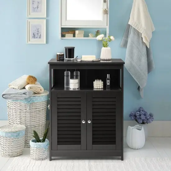 Bathroom Floor Cabinet with Louvered Doors and Open Shelf, Adjustable Storage Organizer Black {5}