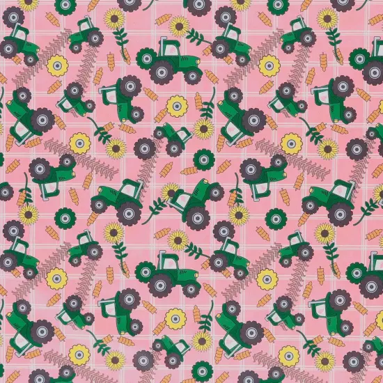 Mook Fabrics Farm Tractors Printed PUL Fabric [60 in. Wide] - By The Yard Pink {1}