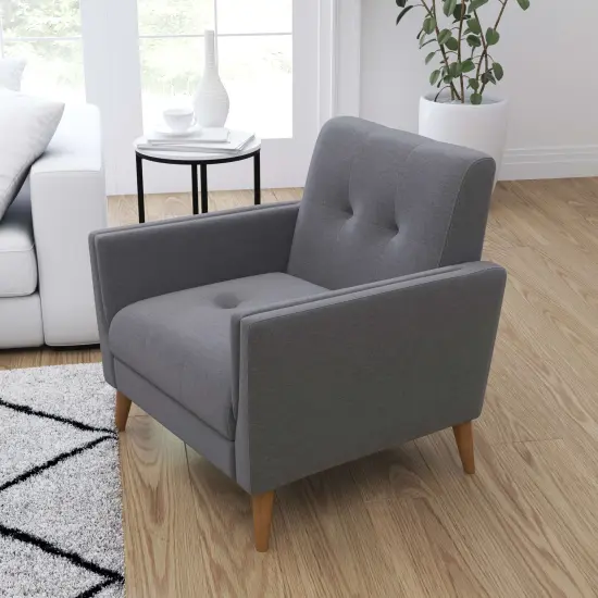 Merrick Lane Randolph Mid-Century Modern Armchair with Tufted Faux Linen Upholstery and Solid Wood Legs Taupe {9}