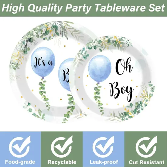 200-Piece Oh Boy Blue Balloon & Eucalyptus Baby Shower Tableware Set {4}