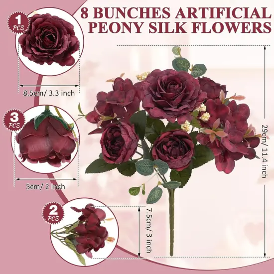 8 Packs Artificial Peony Flowers Faux Silk Hydrangea Bouquet {2}