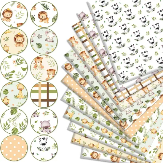12Pcs Safari Cotton Fabric Bundles Watercolor Safari Animals Printed Fabric,10 x 10 in {2}