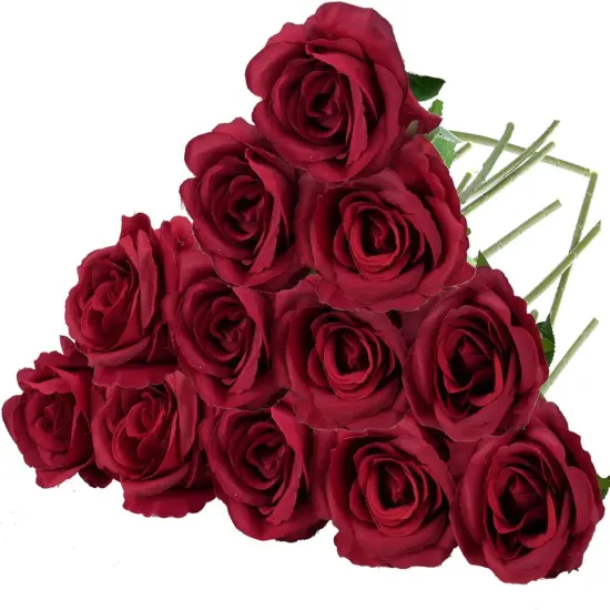 12 Pack Fake Wine Red Roses Artificial Flowers with Stems Silk Burgundy Rose Bouquet {1}