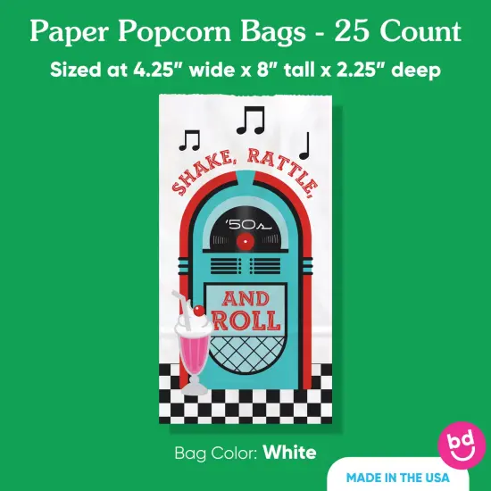 Big Dot of Happiness 50's Sock Hop Popcorn Bags, 1950s Rock N Roll Party Favor Snack Treats, Free-Standing Individual White Paper Bags - 25 Count {5}