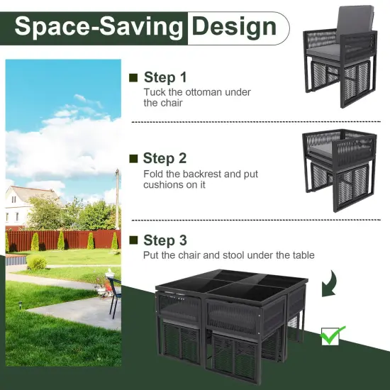 Costway 9 PCS Patio Dining Set with PE Rattan Chairs Tempered Glass Table and Ottomans {5}