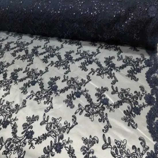 1 Yard Navy Metallic Flowers Sequins Mesh Lace Fabric for Tablecloths and Costumes {1}