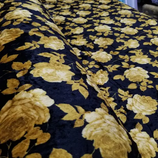 1 Yard Black Solar Gold Stretch Crushed Velvet Floral Fabric for Apparel D&eacute;cor Upholstery 60 Inch Width {3}