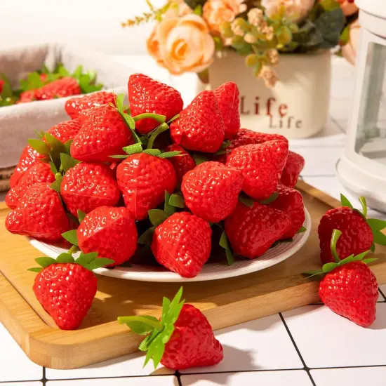 40Pcs Artificial Lifelike Fruit Plastic Strawberries,Fake Red Strawberries {2}