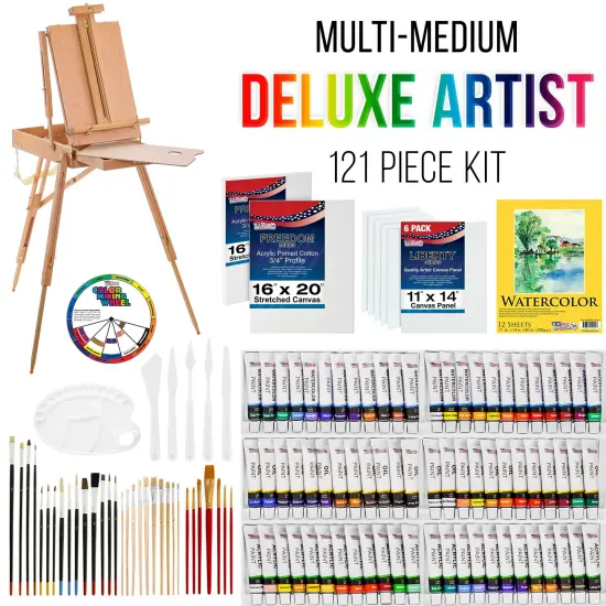 U.S. Art Supply 121-Piece Custom Artist Painting Set, Field Sketch Box Easel, 72 Paint Colors, 24 Acrylic, 24 Oil, 24 Watercolor 8 Canvases 32 Brushes {2}
