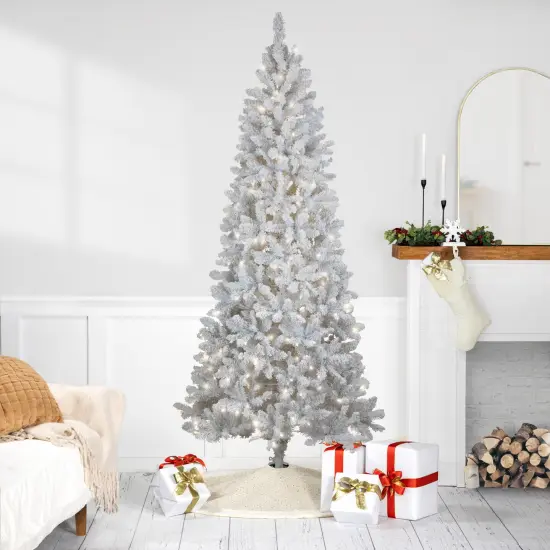 Northlight Pre-Lit Slim Flocked White Pine Artificial Christmas Tree - 7.5' - Warm White LED Lights {1}