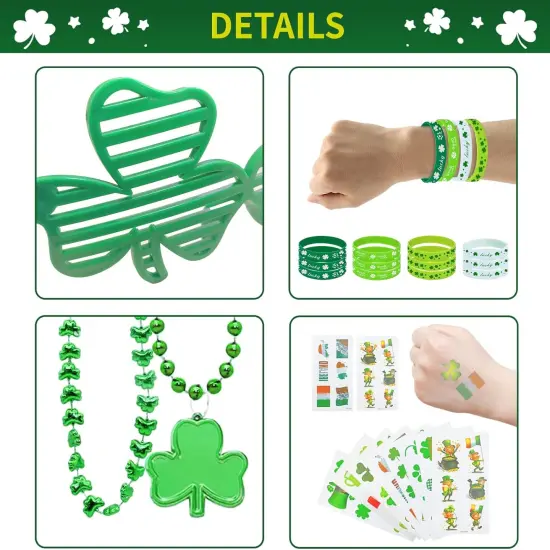 96Pcs St. Patricks Day Party Favors Set Shamrock Glasses Necklaces Bracelets Tattoos St. Patrick's Day Accessories Decorations Supplies {3}