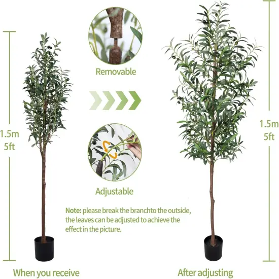 Fake Olive Tree, 5FT Tall Artificial Olive Trees 60in Faux Silk Plant with Trunk and Realistic 536 Leaves and 20 Fruits for Modern Office Home Decor Indoor（1pack） {5}