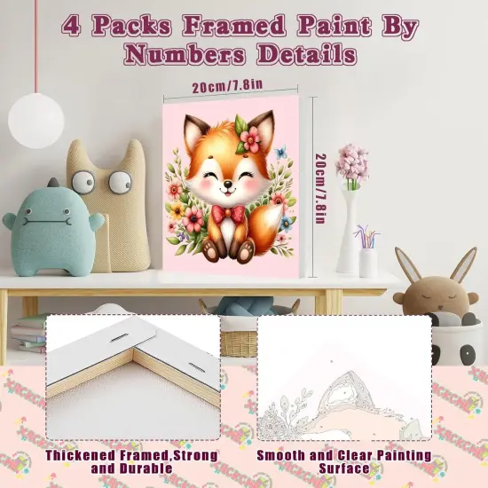 4 Pack Animal Paint by Number for Kids with Wooden Frame-Paint by Numbers for Kids Animals Ages 4-8-12,Easy Elephant Fox Sea Turtle Horse DIY Acrylic Oil Painting Kits for Home Wall Decor(8X8inch) {2}