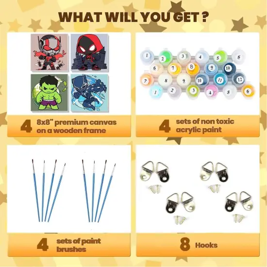 4 Pack Paint by Numbers Kit for Kids with Frame- Cartoon Paint by Numbers with Frame,Cartoon Painting Kits for Kids Ages 4-8 for Present Decor 8x8 Inch {2}