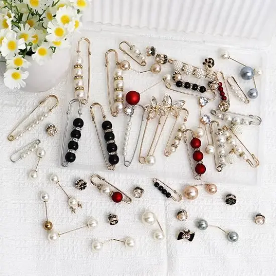 50 Pcs Pearl Brooch Safety Pins for Clothes Dress Jeans Pants Skirt Faux Pearl Rhinestones Tightener Safety Pins for Women Waist Decoration Accessories Sock Charms Pins {3}