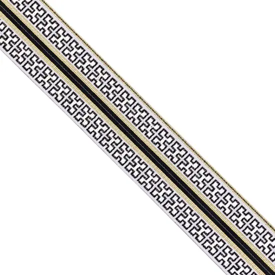 Designer&rsquo;s Shop JR 775 Athena Key Luxe Jacquard Trim &ndash; 1-3/4&rdquo; x 5 Yards &ndash; Black, White & Gold Woven Border {1}