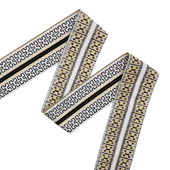 Designer&rsquo;s Shop JR 775 Athena Key Luxe Jacquard Trim &ndash; 1-3/4&rdquo; x 5 Yards &ndash; Black, White & Gold Woven Border {3}