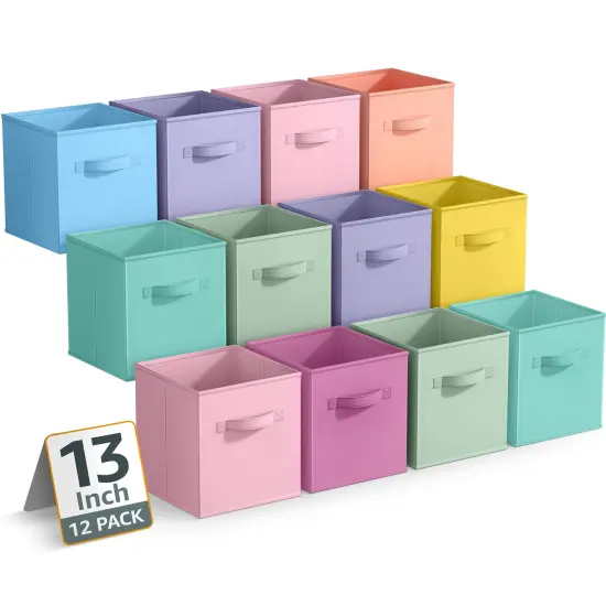 Sorbus Large 13" Storage Bins - 12 Pack Sturdy Collapsible Fabric Storage Cubes with Handle Pastel combo {7}