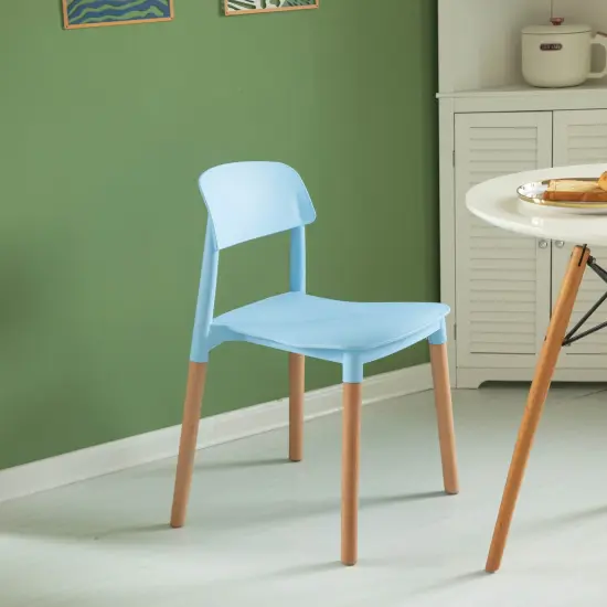 Modern Plastic Dining Chair Open Back with Beech Wood Legs Single Blue {2}
