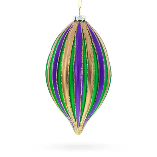 Striped Purple, Green, and Gold Teardrop Finial Glass Christmas Ornament {3}