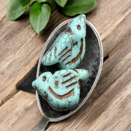 *6* 11x22mm Dark Bronze Washed Opaque Matte Turquoise Bird Beads {3}