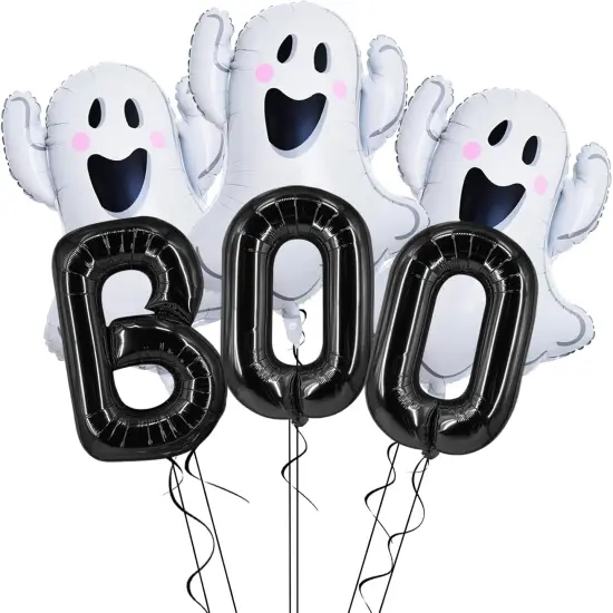 6 Pcs Halloween Black BOO and Ghosts Foil Balloons {1}