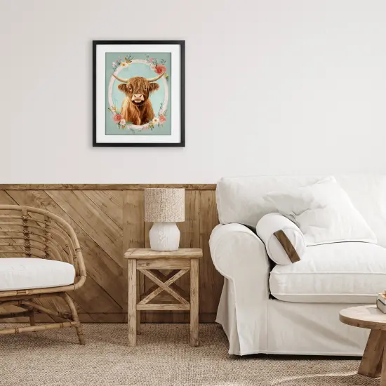 Stupell Industries Highland Cow In Floral Border Framed Print Under Glass, design by Petal Prints Design {2}