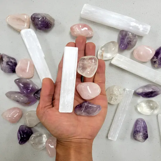 Mini Crystal Kit - Amethyst, Rose Quartz, Clear Quartz with Selenite Charger Stick {1}