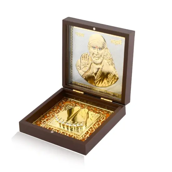 Gold Plated Sai Baba Photo Frame with Charan Paduka for Diwali Housewarming Indian Wedding Return Gift Worship Pooja Room Decor Hindu Religious Devotional Paduka Prayer Box Good Luck Gift {7}