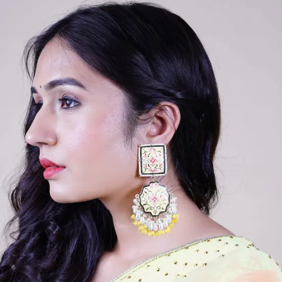 Oversized Indian Jhumka Earrings &ndash; Square Stud Jhumki, Ethnic Chandbali with Floral Print & Faux Pearls &ndash; Bollywood Dangle Jewelry for Women, Bride & Birthday Gift TURQOISE {7}