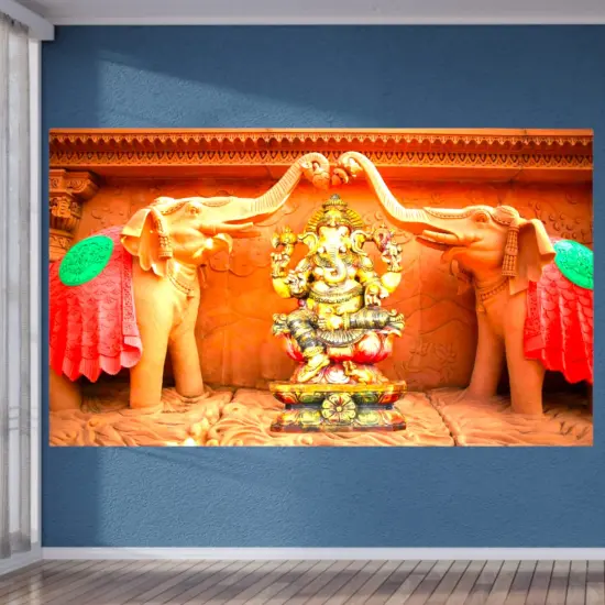 Elephant Ganesh Backdrop Indian Traditional Cloth 5x8 Feet Backdrop Pooja Banner Indian Wall Art Photo Decor Banner Diwali Decor Wedding Backdrop Decorative Pooja Cloth {5}