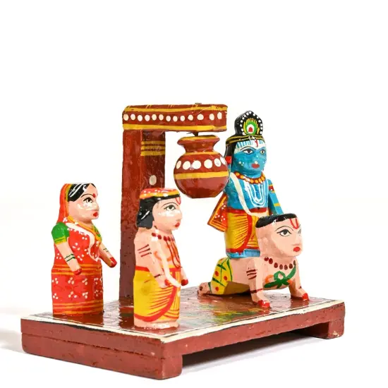 Wooden Krishna Makhan Chor Leela for Janmashtmi Golu Decoration Handpainted Kondapalli Krishna Set Show-piece for Home Temple Shelf Display Table Decor Gifting Item {5}