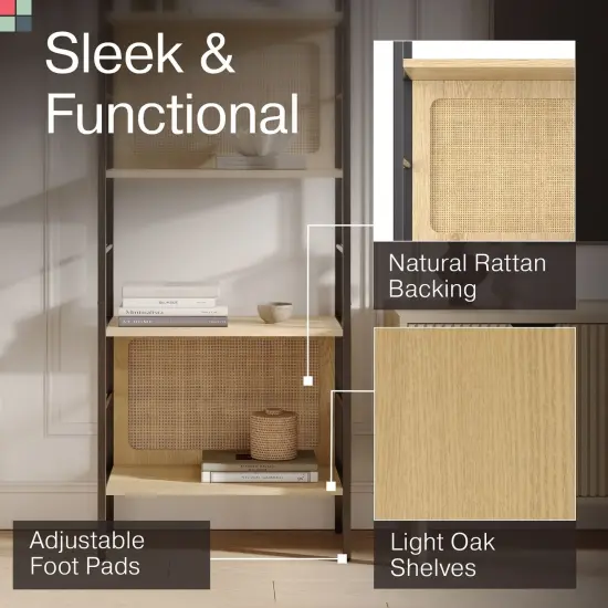 4 Tiered Arched Bookshelf with Natural Rattan Backing - Modern Home Decor - Boho Rattan Arch Bookcase - Wooden Open Arched Cabinet with Shelves - Metal and Wood Bookshelf (Light Oak) {7}