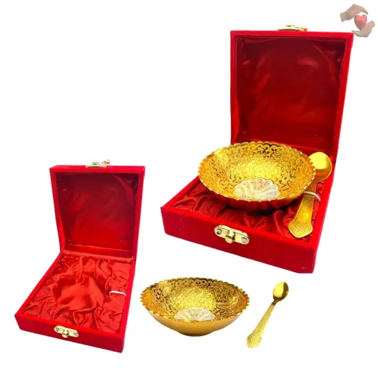 Diwali Gift Hamper German Gold Silver Plated Round Bowl and Spoon with Velvet Box Diwali Gift Item Festive Diwali Pujan Home Decorative Bhog Bowl for Employees Friends Relative {3}