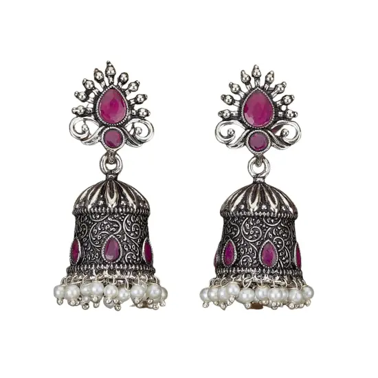 Indian Oxidized Jhumka Earrings for Women - Vintage Indian Jhumki Ethnic Chandbali Earrings Faux Pearls with Oxidized Platting Bollywood Style Dangle Earring Jewelry for Bride Gift for Her RUBY {1}