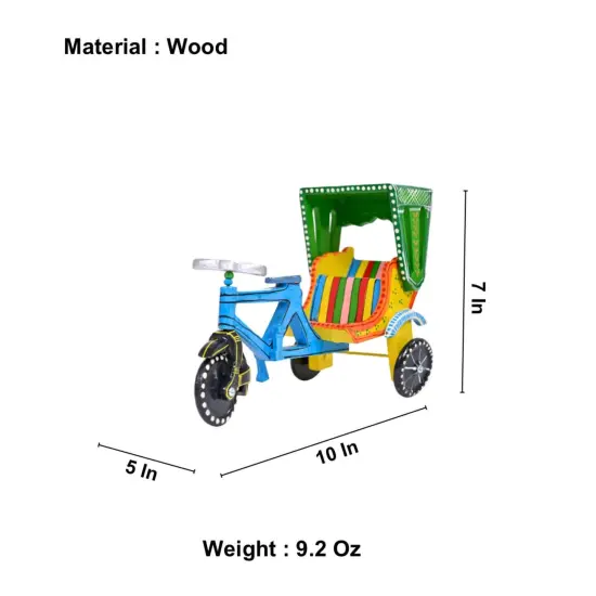 Wooden Rikshaw Cycle Kondapalli Handpainted Indian Showpiece for Home Restaurant Decoration Shelf Display Table Decor and Gifting Item {5}