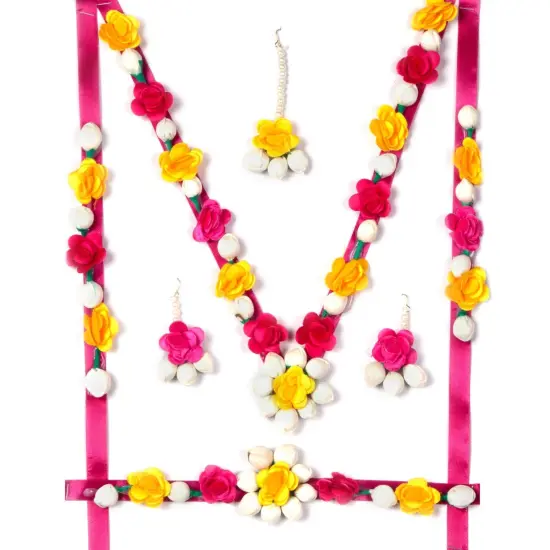 Flower Designer Jewelry Set for Women Handmade Necklace with Earrings Maang Tikka Wristbands Waistbelt Indian Artificial Jewelry for Haldi Mehndi Wedding Party Bridal Pink {1}