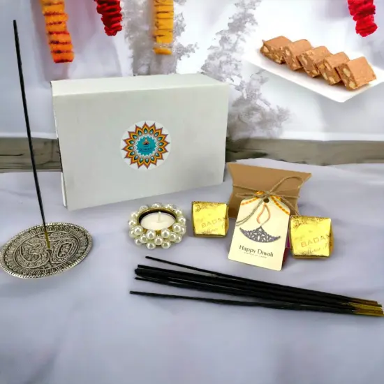 Personalized Diwali Gifts Hamper Indian Festival Om Incense Stick Holder Candle Holder Custom Gift Boxes Sweets for Employees Friends Family & Relatives - Deepawali Return Gifts Items {1}