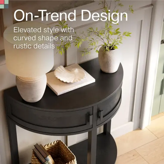 Farmhouse Half Moon Console Table - Small Entry Desk with Storage for Narrow Spaces - Modern Home Decor - Living Room Furniture - Wood Entryway Table with Doors and Black Knobs (Blackened Oak) {3}