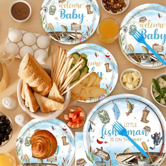 96 Pcs Fishing Baby Shower Tableware Set &ndash; Fish Theme Plates & Napkins {4}