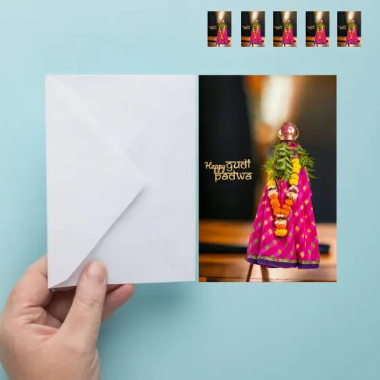 Pack of 5 Happy Gudi Padwa Greeting Card Marathi New Year Greeting Card Printed Customizable Card Simple Design Sweet Wishing Card Gift for Mother, Father, Sister {1}