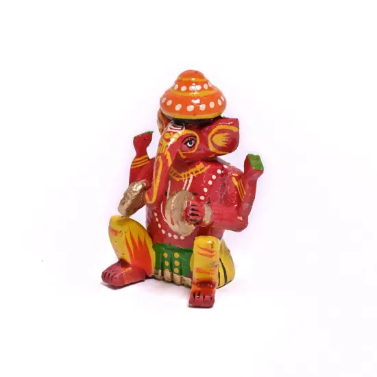 Set of 6 Wooden Musician Ganesha Design Statue Hand Painted Lord Ganesh Sculpture with Musical Instrument Ganpati Figurine for Gift Hindu God Idol Murti for Good Luck & Success (3 Inches) {4}