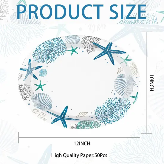 50Pcs Ocean Oval Paper Plates 10" x 12" Large Disposable Heavy Duty Blue Coastal {2}