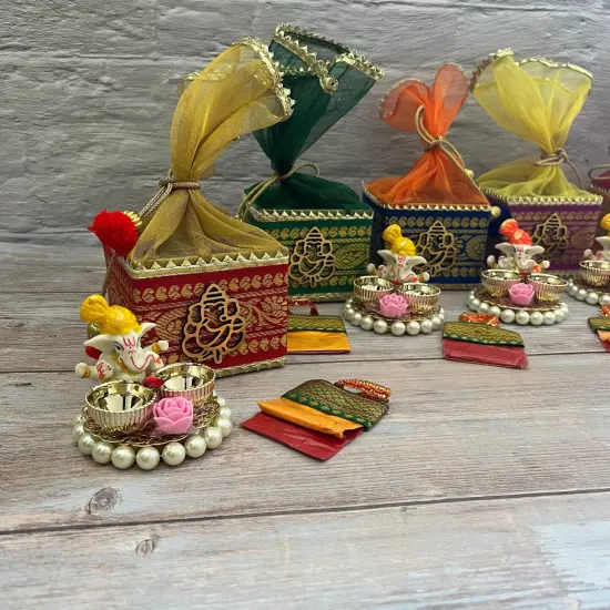 Ganesha Gift Hamper Hindu Religious Ganesh Chaturthi Diwali Puja Housewarming Teej Sankranti Return Gifts - Potli Basket Box Haldi Kumkum Packet & Ganesha Haldi Kumkum Holder {2}
