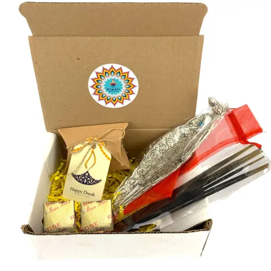 Personalize Diwali Gift Boxes Incense Holders & Incense Sticks Hamper Sweets Dry Fruits for Employees Home Office India Festival Gift Hamper for Friends Family & Relatives - Corporate Gift {6}