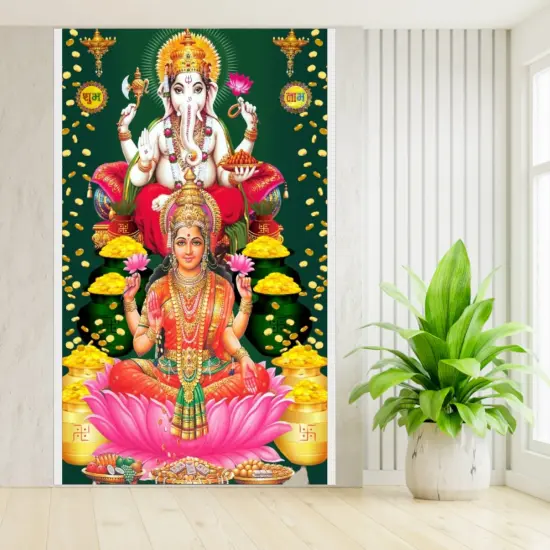 Laxmi Ganesh Backdrop 5x8 Feet Backdrop Indian Traditional Cloth Varalaxmi Vratam Decor Indian Diwali Decor Pooja Wall Decor Indian Wall Art Photo Decor Banner Navratri Decor {5}